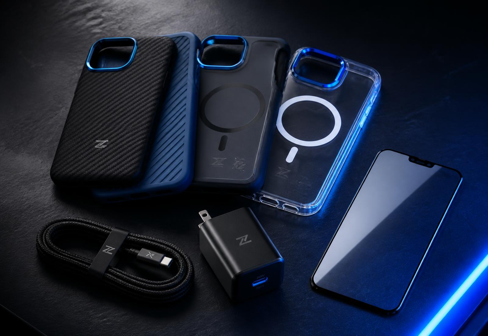Phone cases, charging cable, plug charger and screen protector arranged neatly